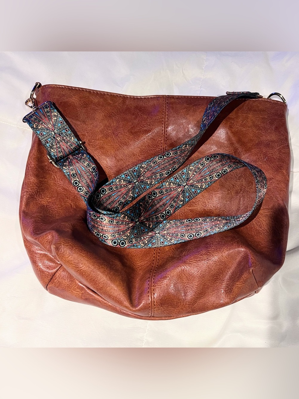 Boho Faux Leather Tote with Patterned Adjustable Strap - Brown